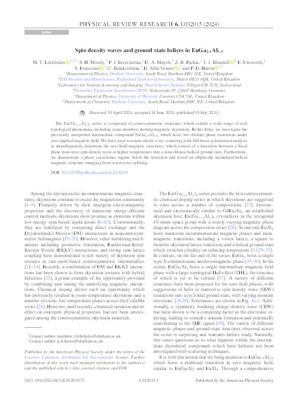 Spin density waves and ground state helices in EuGa2.4Al1.6 Thumbnail