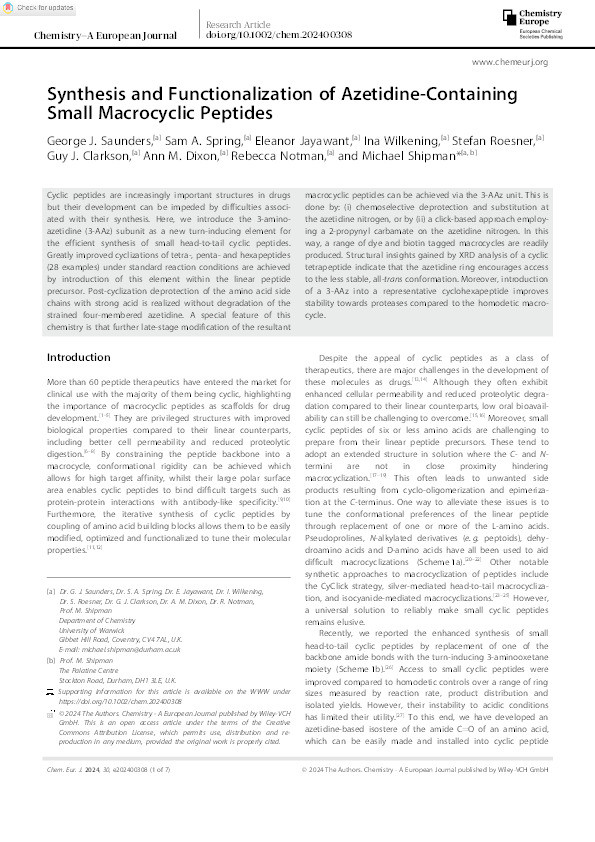 Synthesis and Functionalization of Azetidine‐Containing Small Macrocyclic Peptides Thumbnail