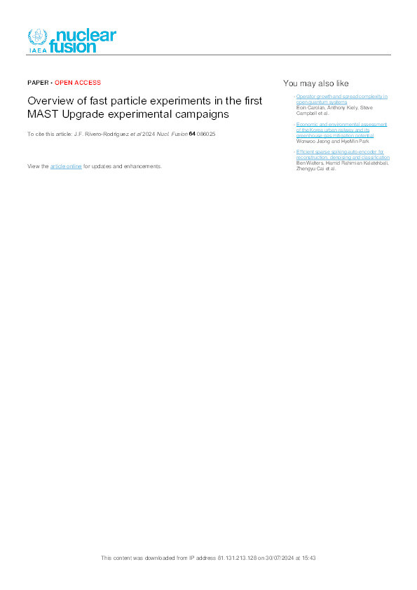 Overview of fast particle experiments in the first MAST Upgrade experimental campaigns Thumbnail