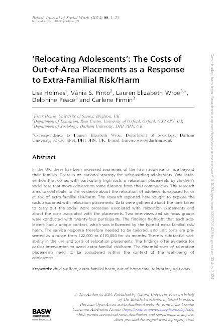 ‘Relocating Adolescents’: The Costs of Out-of-Area Placements as a Response to Extra-Familial Risk/Harm Thumbnail