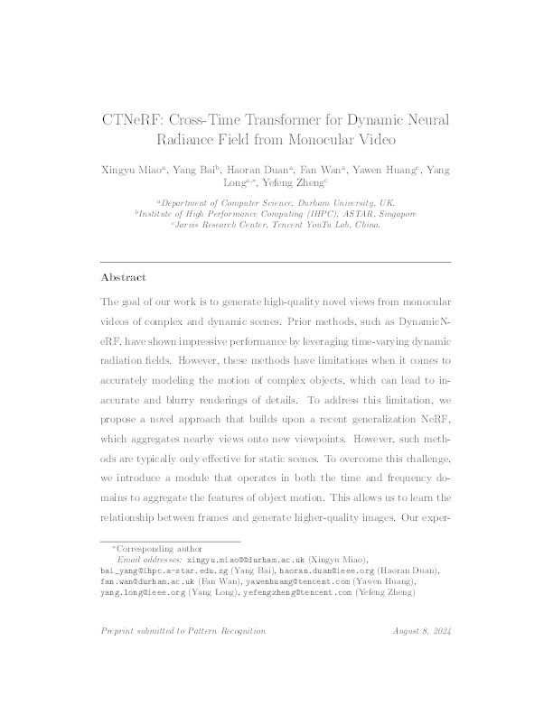 CTNeRF: Cross-time Transformer for dynamic neural radiance field from monocular video Thumbnail