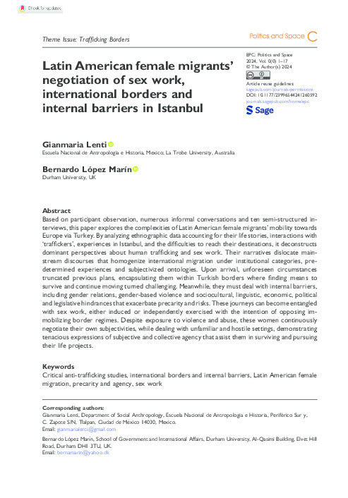 Latin American female migrants’ negotiation of sex work, international borders and internal barriers in Istanbul Thumbnail