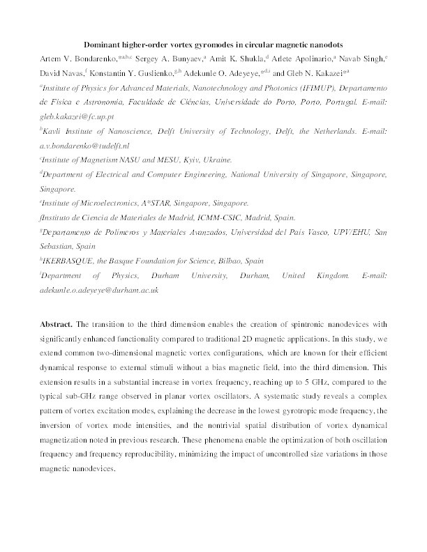 Dominant higher-order vortex gyromodes in circular magnetic nanodots Thumbnail