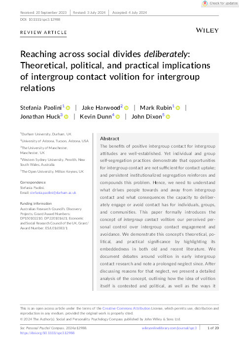 Reaching across social divides deliberately: Theoretical, political, and practical implications of intergroup contact volition for intergroup relations Thumbnail