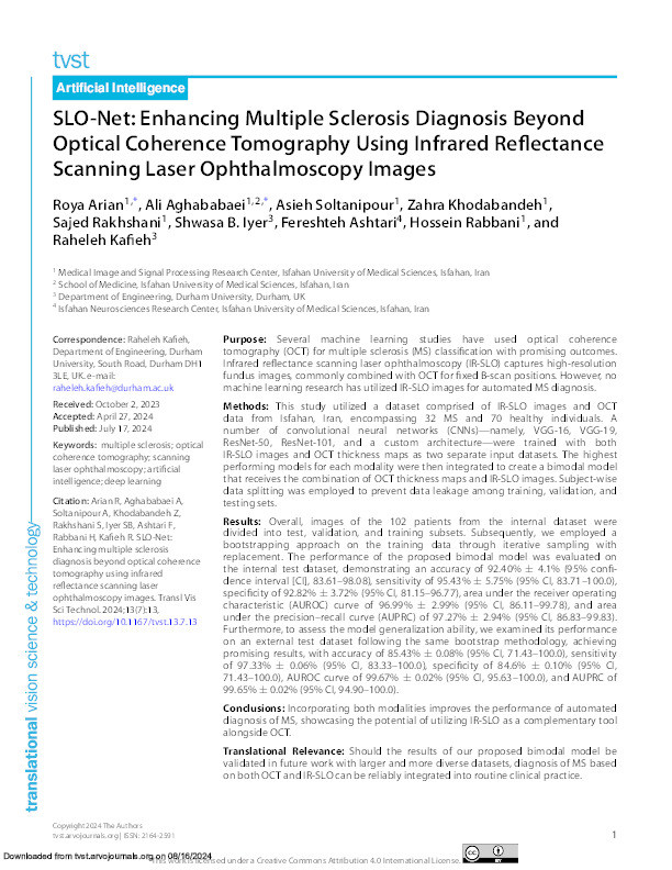 SLO-Net: Enhancing Multiple Sclerosis Diagnosis Beyond Optical Coherence Tomography Using Infrared Reflectance Scanning Laser Ophthalmoscopy Images. Thumbnail