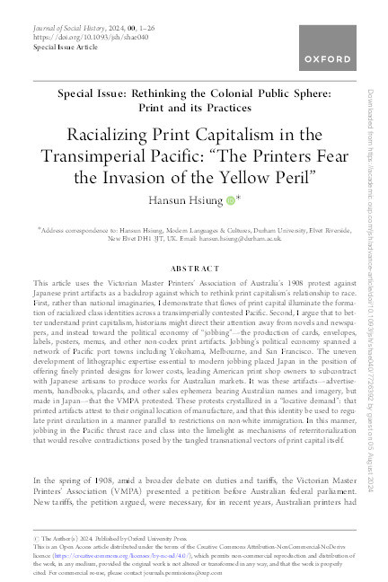 Racializing Print Capitalism in the Transimperial Pacific: “The Printers Fear the Invasion of the Yellow Peril” Thumbnail