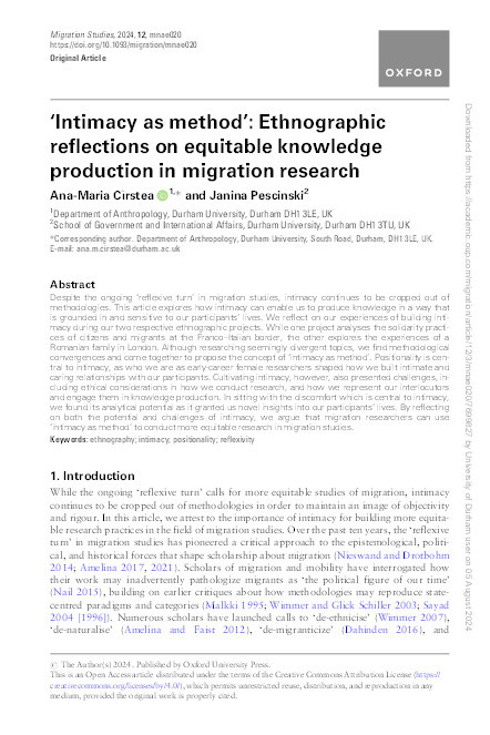 ‘Intimacy as method’: Ethnographic reflections on equitable knowledge production in migration research Thumbnail