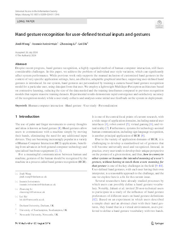 Hand gesture recognition for user-defined textual inputs and gestures Thumbnail