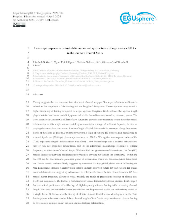 Landscape response to tectonic deformation and cyclic climate change since ca. 800 ka in the southern Central Andes Thumbnail