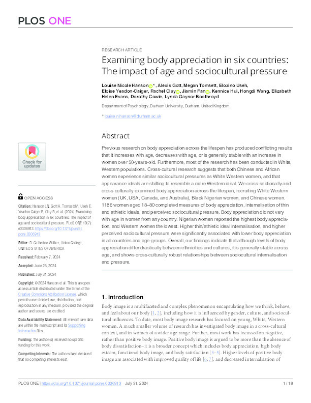 Examining body appreciation in six countries: The impact of age and sociocultural pressure Thumbnail