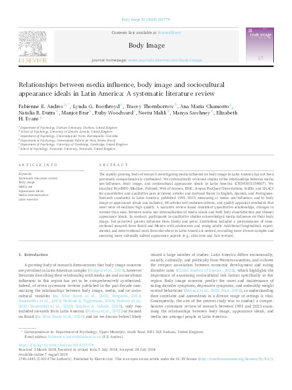 Relationships between media influence, body image and sociocultural appearance ideals in Latin America: A systematic literature review Thumbnail