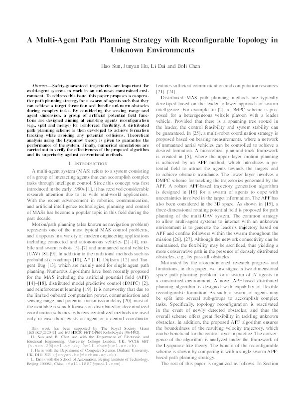 A Multi-Agent Path Planning Strategy with Reconfigurable Topology in Unknown Environments Thumbnail