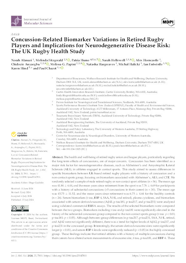 Concussion-Related Biomarker Variations in Retired Rugby Players and Implications for Neurodegenerative Disease Risk: The UK Rugby Health Study Thumbnail