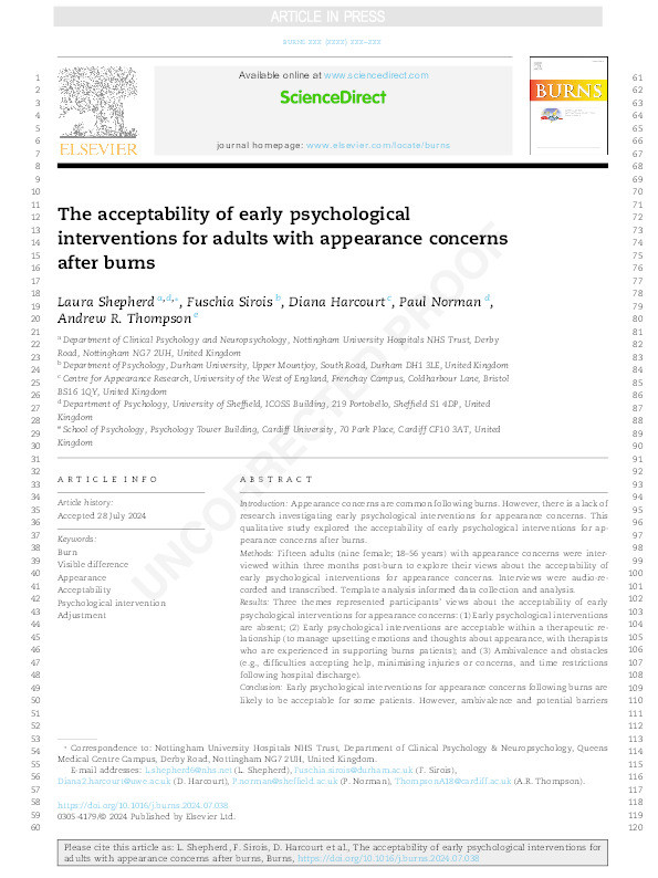 The acceptability of early psychological interventions for adults with appearance concerns after burns Thumbnail