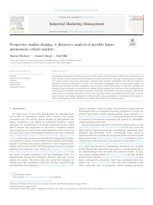 Prospective market shaping: a discursive analysis of possible future autonomous vehicle markets Thumbnail