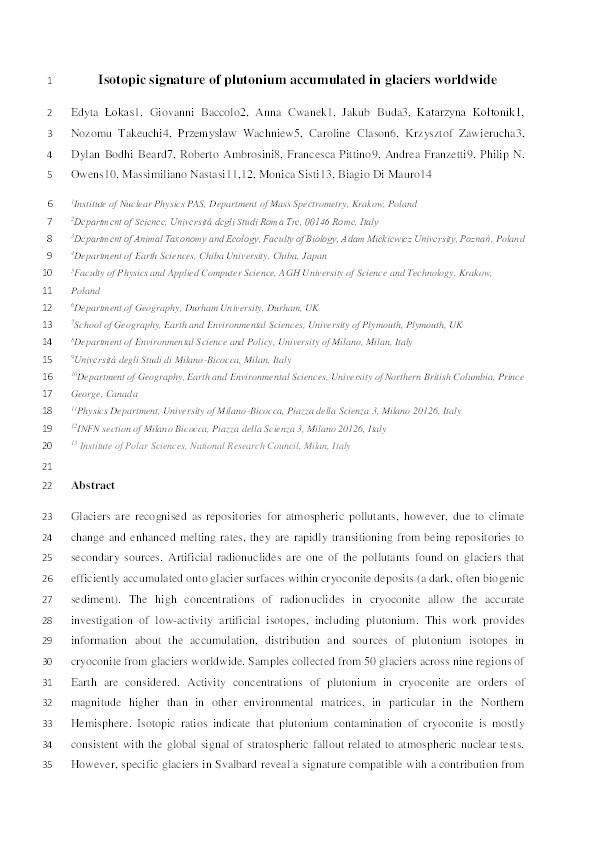 Isotopic signature of plutonium accumulated in cryoconite on glaciers worldwide Thumbnail