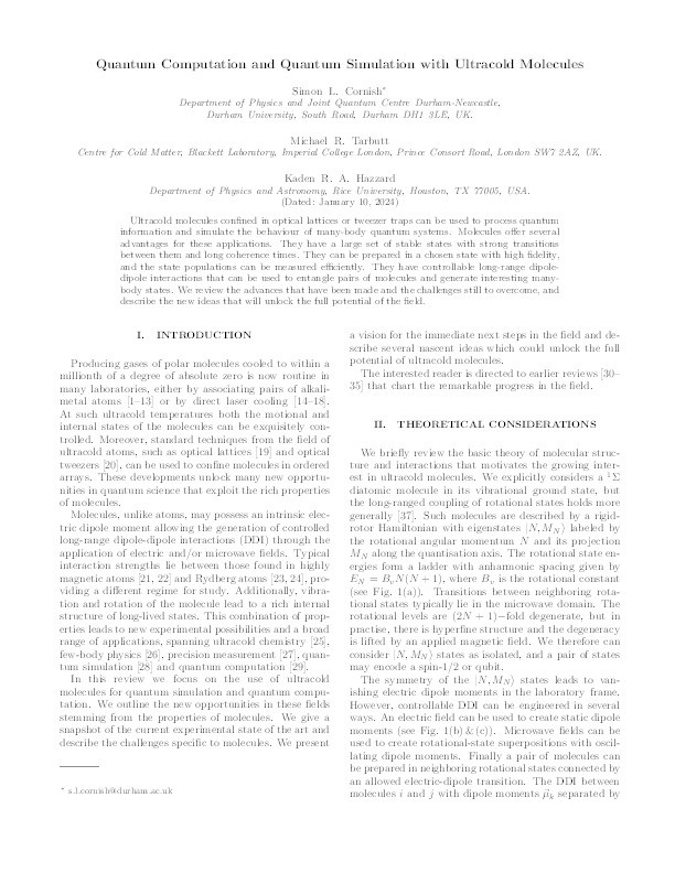 Quantum computation and quantum simulation with ultracold molecules Thumbnail