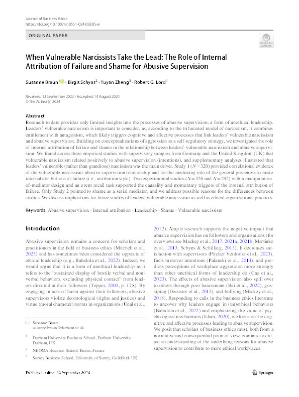 When vulnerable narcissists take the lead: The role of internal attribution of failure and shame for abusive supervision Thumbnail