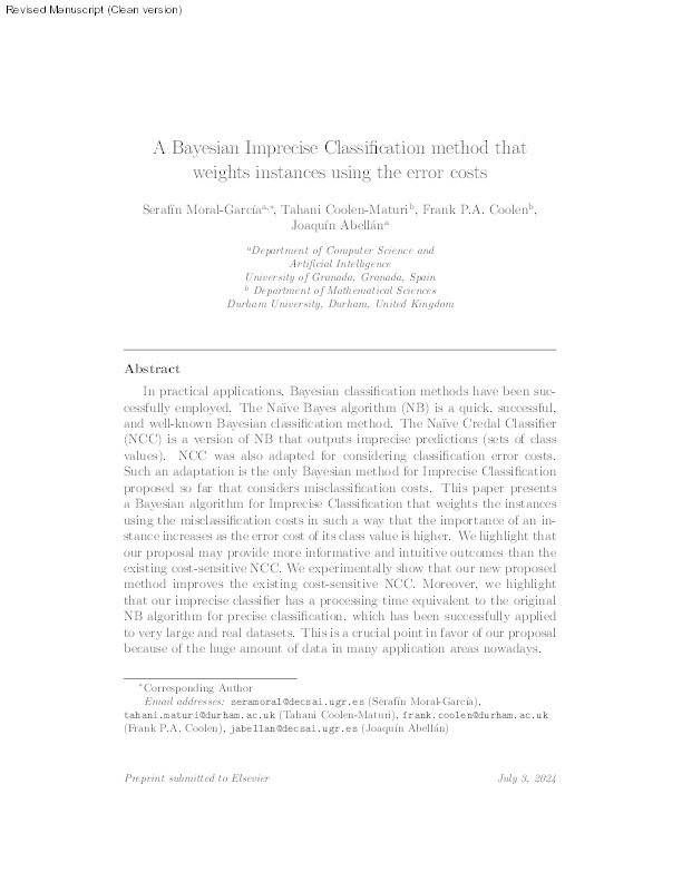 A Bayesian Imprecise Classification method that weights instances using the error costs Thumbnail