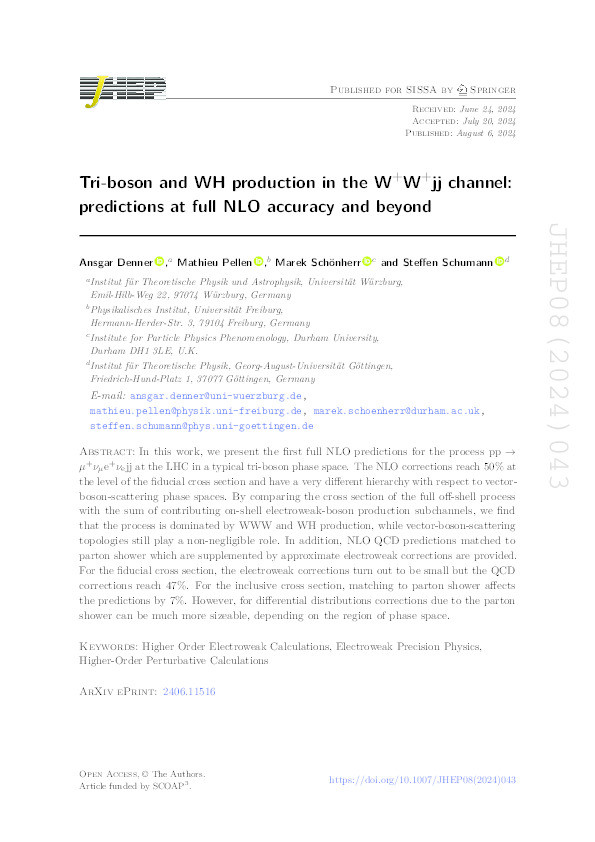 Tri-boson and WH production in the W + W + jj channel: predictions at full NLO accuracy and beyond Thumbnail