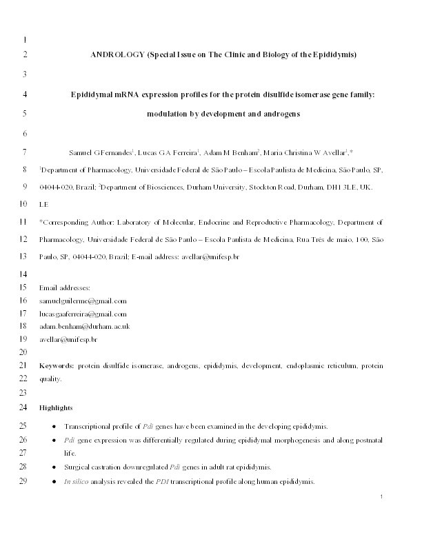 Epididymal mRNA expression profiles for the protein disulfide isomerase gene family: Modulation by development and androgens. Thumbnail