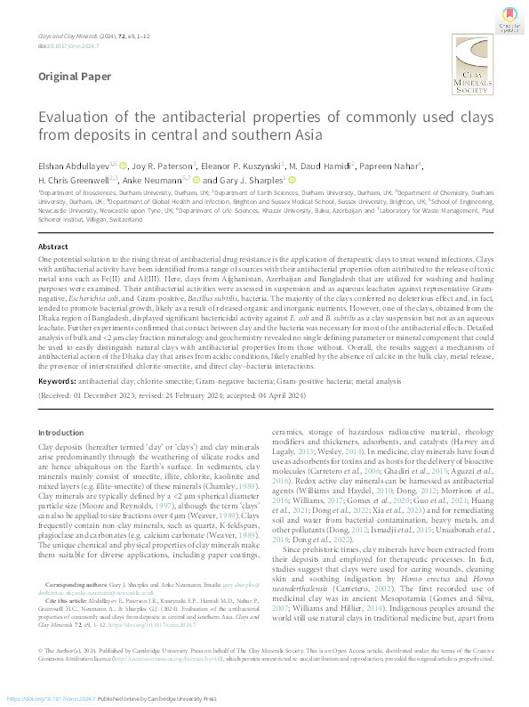 Evaluation of the antibacterial properties of commonly used clays from deposits in central and southern Asia Thumbnail