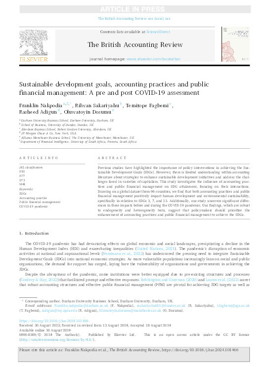 Sustainable Development Goals, Accounting Practices and Public Financial Management: A Pre and Post COVID-19 Assessment Thumbnail