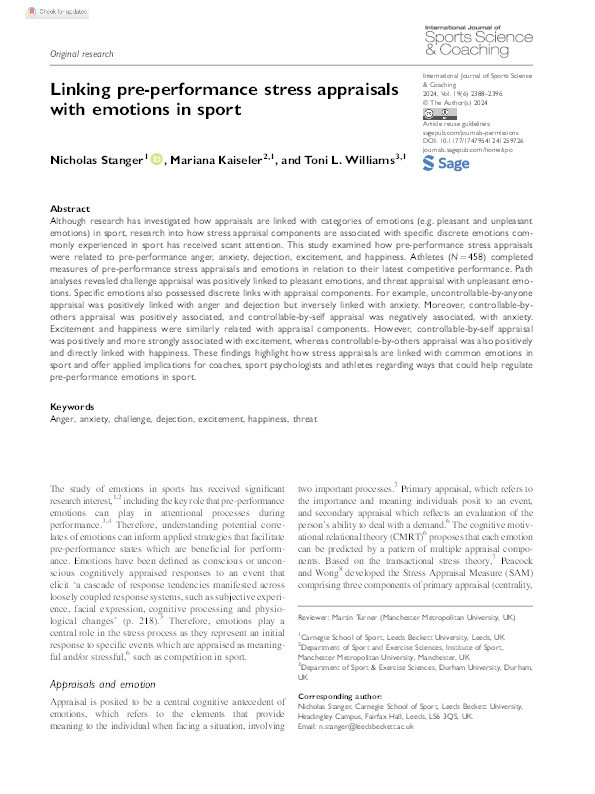 Linking pre-performance stress appraisals with emotions in sport Thumbnail