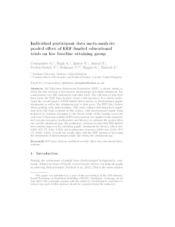 Individual participant data meta-analysis: pooled effect of EEF funded educational trials on low baseline attaining group Thumbnail