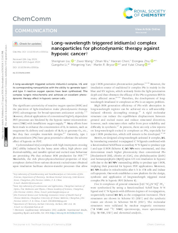 Long-wavelength triggered iridium( iii ) complex nanoparticles for photodynamic therapy against hypoxic cancer Thumbnail