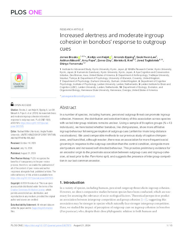 Increased alertness and moderate ingroup cohesion in bonobos’ response to outgroup cues Thumbnail