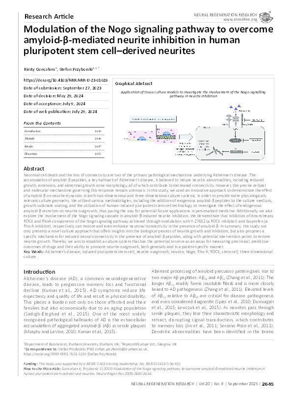 Modulation of the Nogo signaling pathway to overcome amyloid-β-mediated neurite inhibition in human pluripotent stem cell-derived neurites. Thumbnail