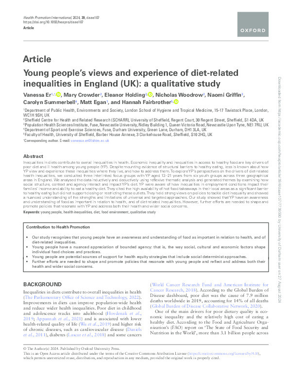 Young people’s views and experience of diet-related inequalities in England (UK): a qualitative study Thumbnail