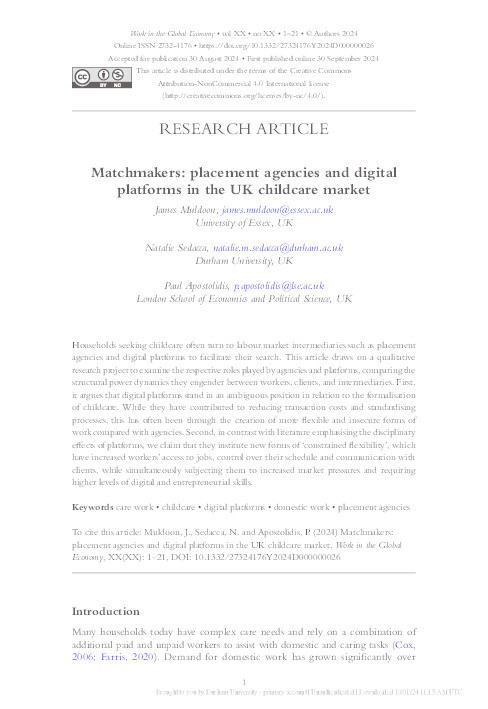 Matchmakers: Placement Agencies and Digital Platforms in the UK Childcare Market Thumbnail