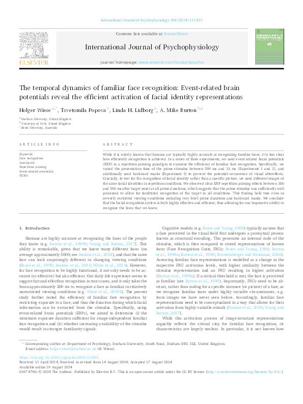 The temporal dynamics of familiar face recognition: Event-related brain potentials reveal the efficient activation of facial identity representations Thumbnail