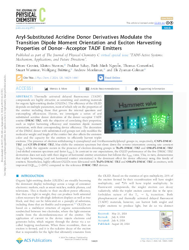 Aryl-Substituted Acridine Donor Derivatives Modulate the Transition Dipole Moment Orientation and Exciton Harvesting Properties of Donor–Acceptor TADF Emitters Thumbnail