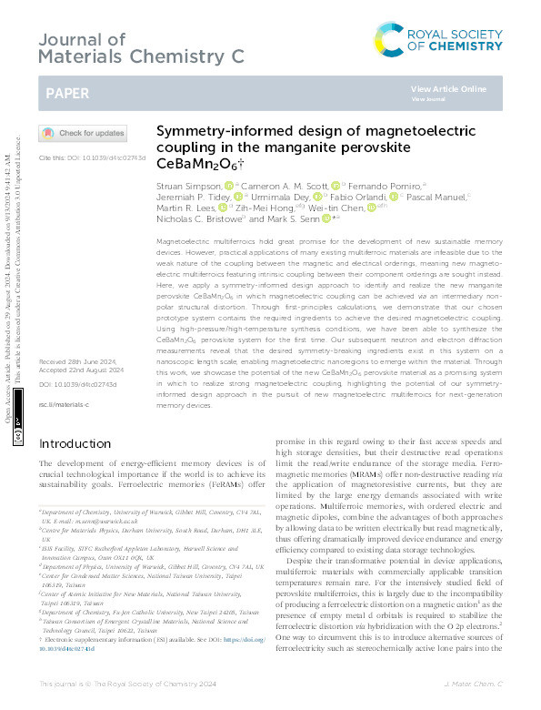 Symmetry-informed design of magnetoelectric coupling in the manganite perovskite CeBaMn 2 O 6 Thumbnail