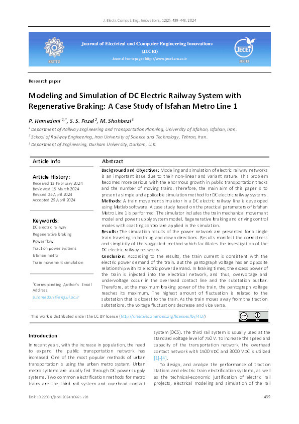 Modeling and Simulation of DC Electric Railway System with Regenerative Braking: A Case Study of Isfahan Metro Line 1 Thumbnail