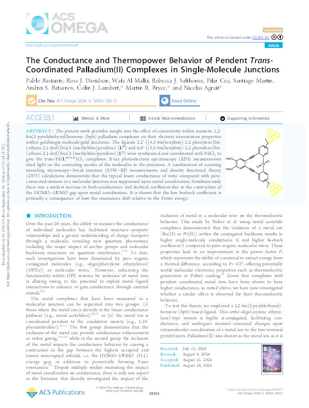 The Conductance and Thermopower Behavior of Pendent Trans -Coordinated Palladium(II) Complexes in Single-Molecule Junctions Thumbnail