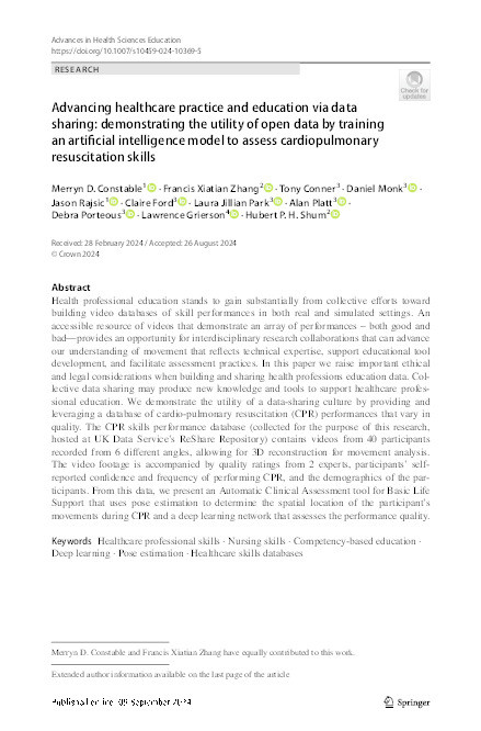 Advancing healthcare practice and education via data sharing: demonstrating the utility of open data by training an artificial intelligence model to assess cardiopulmonary resuscitation skills Thumbnail