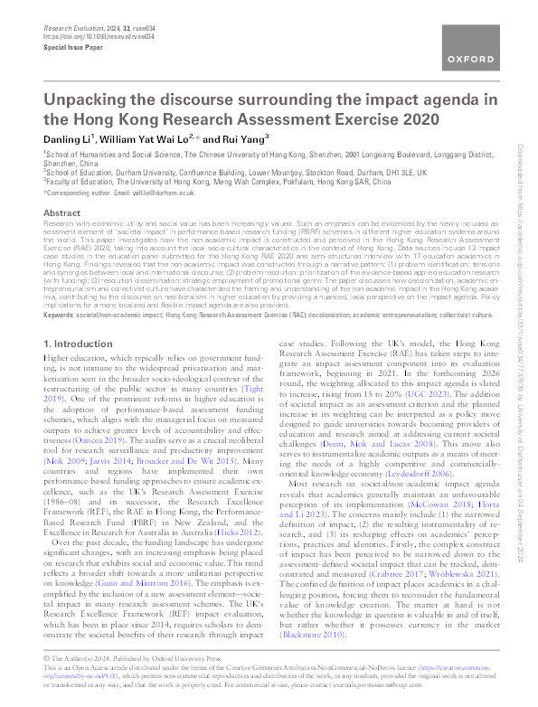 Unpacking the discourse surrounding the impact agenda in the Hong Kong Research Assessment Exercise 2020 Thumbnail