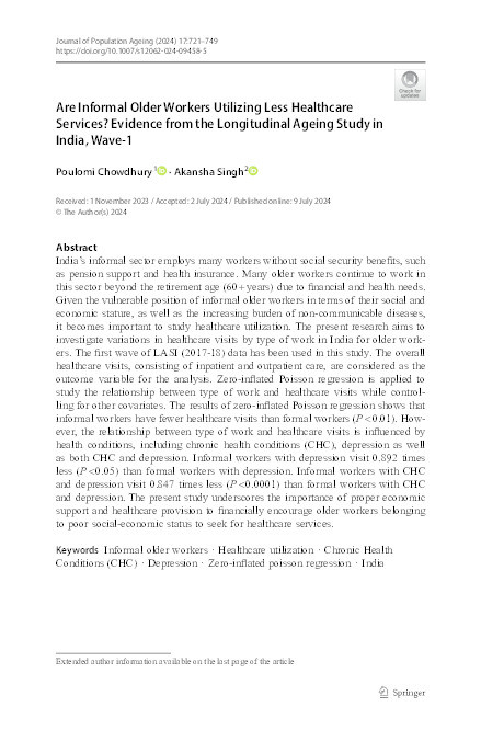 Are Informal Older Workers Utilizing Less Healthcare Services? Evidence from the Longitudinal Ageing Study in India, Wave-1 Thumbnail