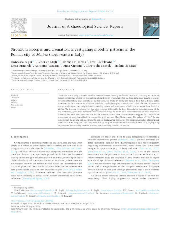 Strontium isotopes and cremation: Investigating mobility patterns in the Roman city of Mutina (north-eastern Italy) Thumbnail