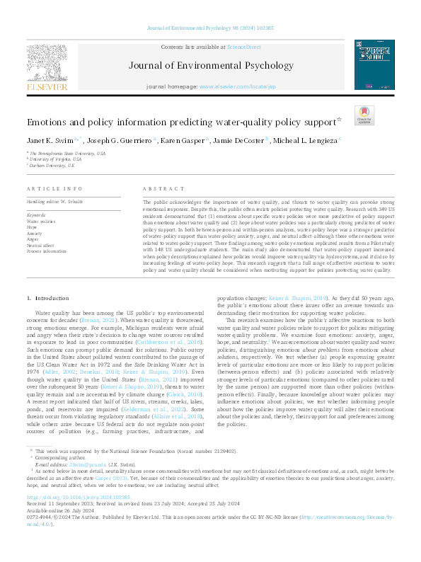 Emotions and policy information predicting water-quality policy support Thumbnail