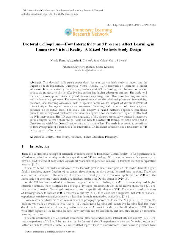 Doctoral Colloquium—How Interactivity and Presence Affect Learning in Immersive            Virtual Reality: A Mixed Methods Study Design Thumbnail