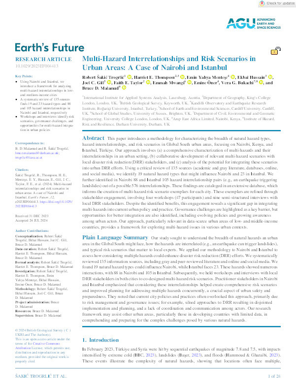 Multi‐Hazard Interrelationships and Risk Scenarios in Urban Areas: A Case of Nairobi and Istanbul Thumbnail