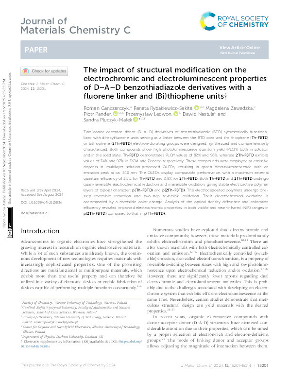 The impact of structural modification on the electrochromic and electroluminescent properties of D–A–D benzothiadiazole derivatives with a fluorene linker and (Bi)thiophene units Thumbnail