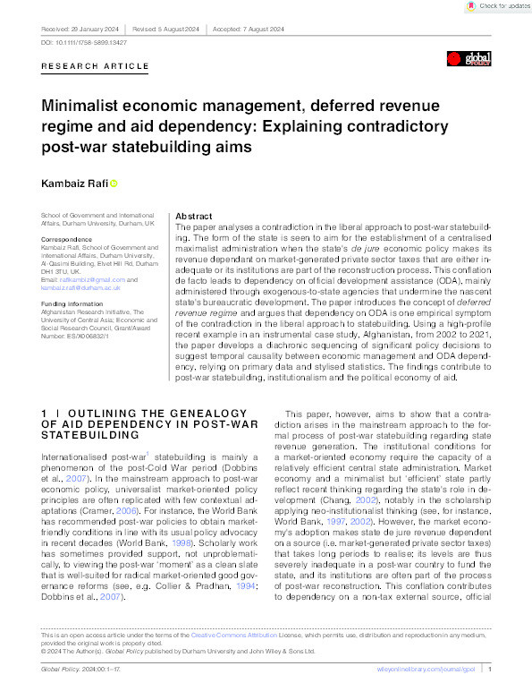 Minimalist economic management, deferred revenue regime and aid dependency: Explaining contradictory post‐war statebuilding aims Thumbnail