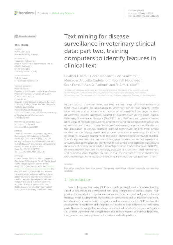 Text mining for disease surveillance in veterinary clinical data: part two, training computers to identify features in clinical text Thumbnail