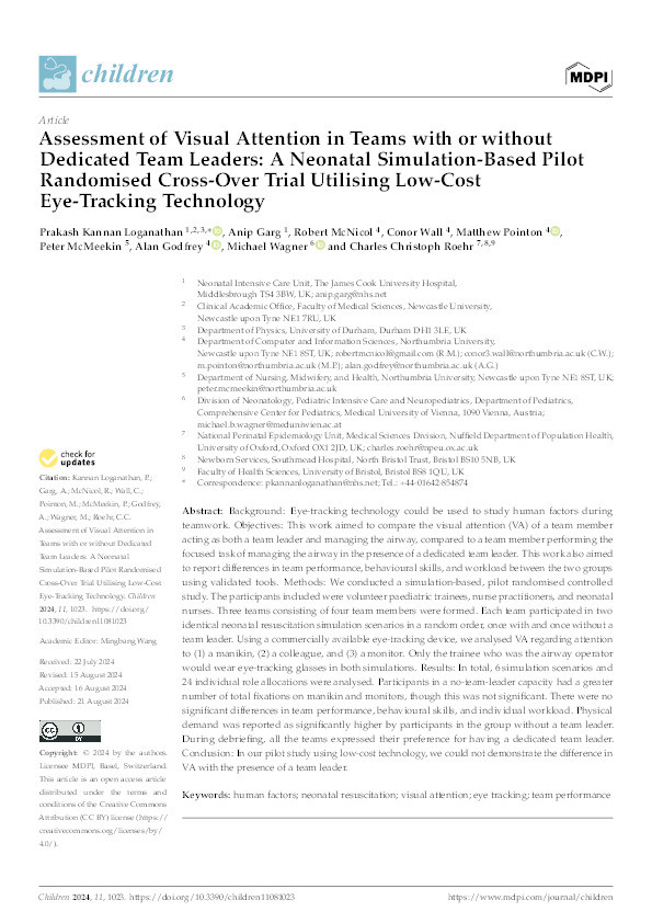 Assessment of Visual Attention in Teams with or without Dedicated Team Leaders: A Neonatal Simulation-Based Pilot Randomised Cross-Over Trial Utilising Low-Cost Eye-Tracking Technology Thumbnail